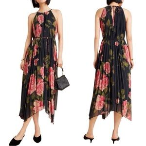 Anthropologie Emeline Black Red Floral Pleated Sleeveless Belted Midi Dress XS